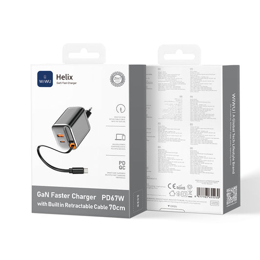 Wiwu Wi-G020 Helix Serisi GaN Teknolojili Hızlı Şarj Başlığı USB-A to Type-C PD 67W Type-C Kablolu Şarj Seti