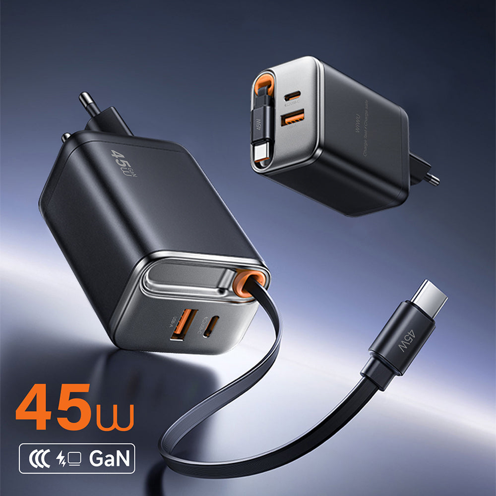 Wiwu Wi-G021 Helix Serisi GaN Teknolojili Hızlı Şarj Başlığı USB-A to Type-C PD 45W Type-C Kablolu Şarj Seti